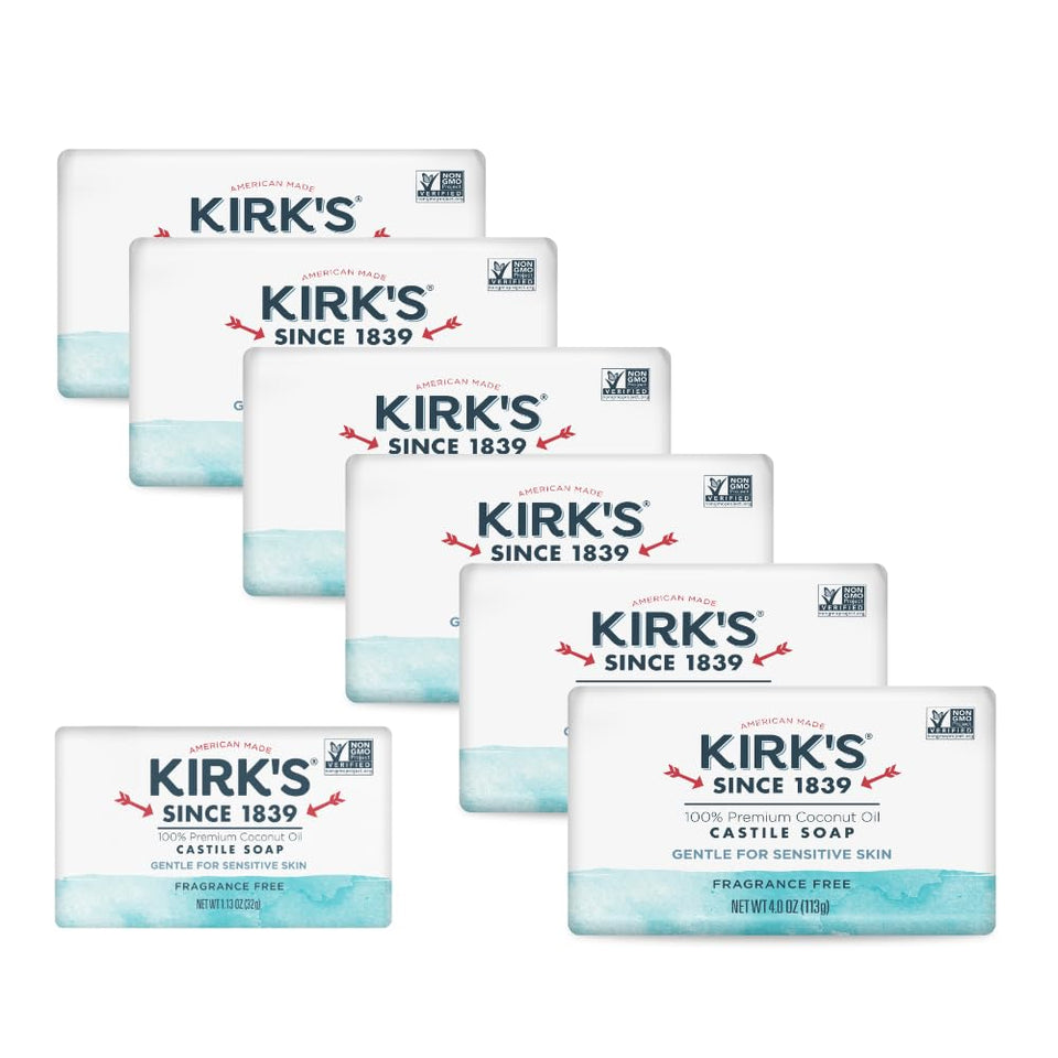 Kirk's front packaging of six 4 oz bars showing product benefits and clean formula