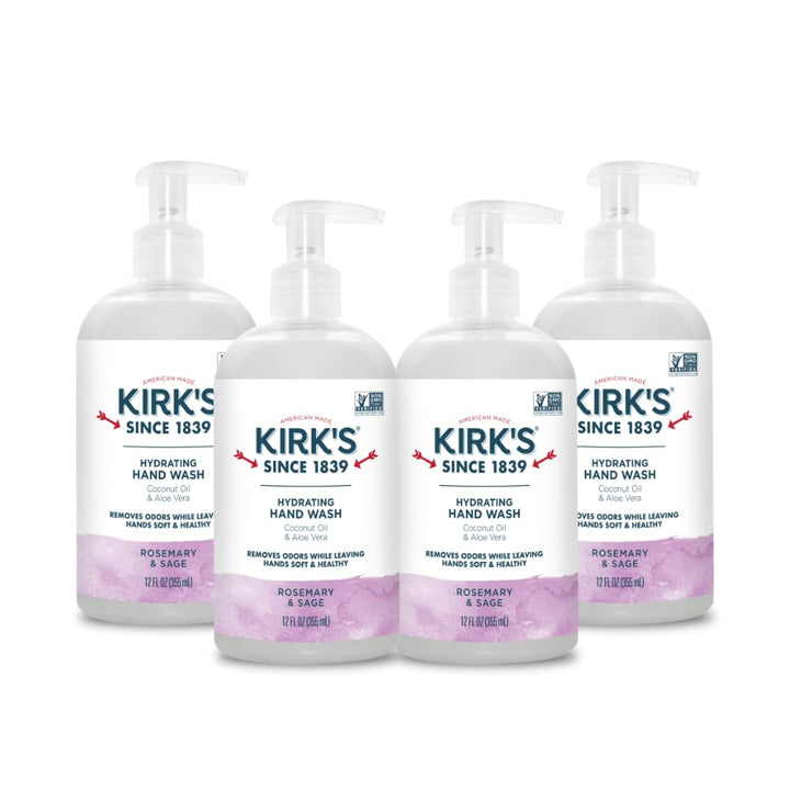 Kirk's front packaging pump bottle showing label and easy dispensing benefit