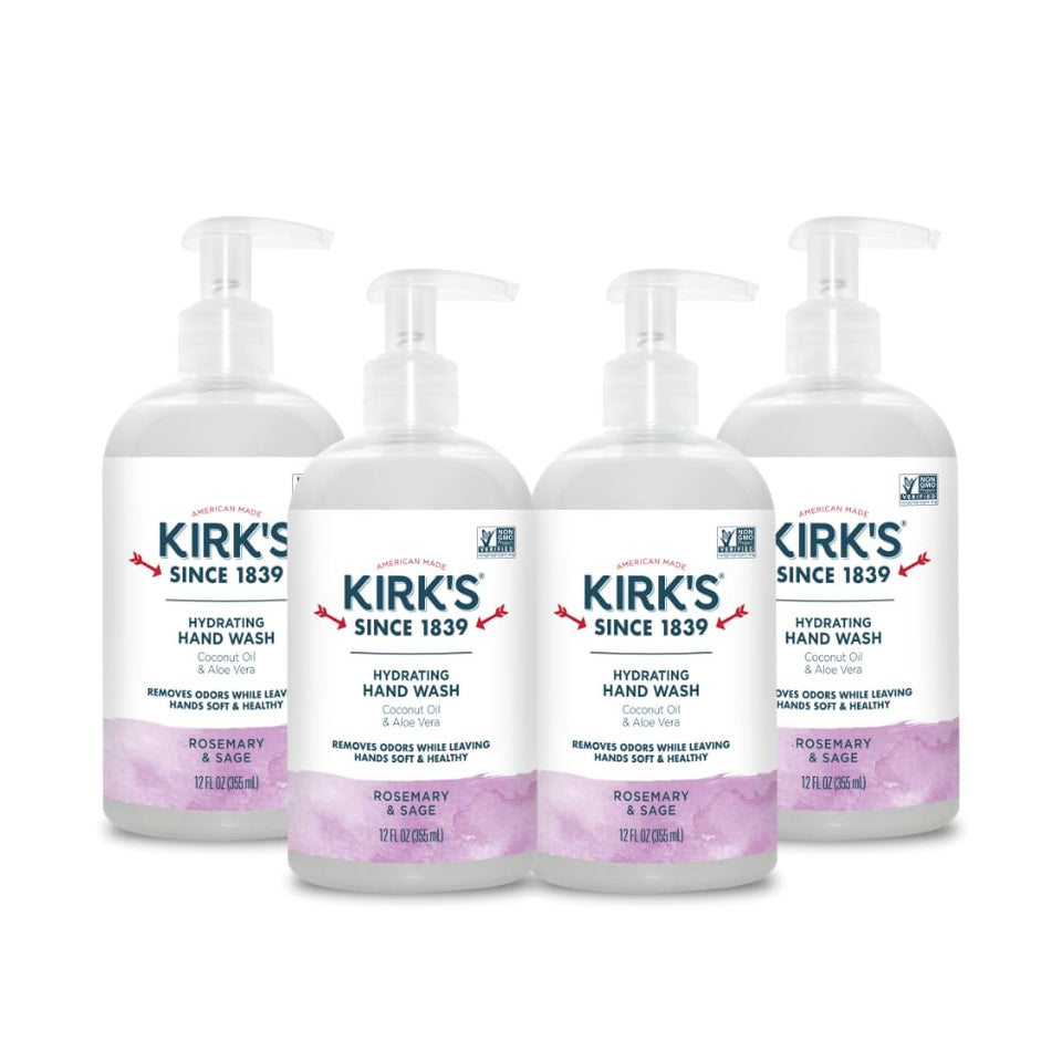 Kirk's front packaging pump bottle showing label and easy dispensing benefit