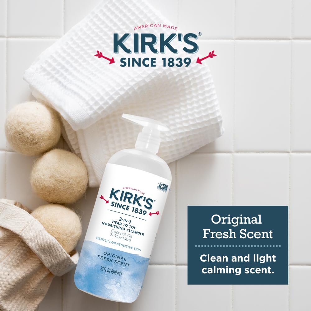 Kirk's bottle in shower being pumped into hand highlighting easy one-step use