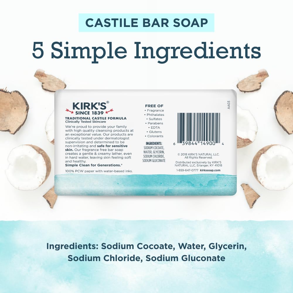 Kirk's single fragrance-free bar close-up highlighting smooth edges and size