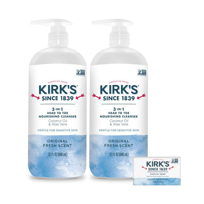 Kirk's front pump bottle showing branding and 32 oz size for convenience