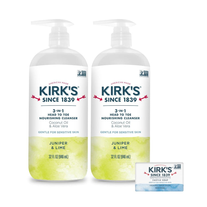 Kirk's front packaging 32oz pump showing product and scent benefits