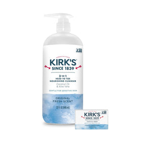 Kirk's front pump bottle shows size and easy dispensing benefit