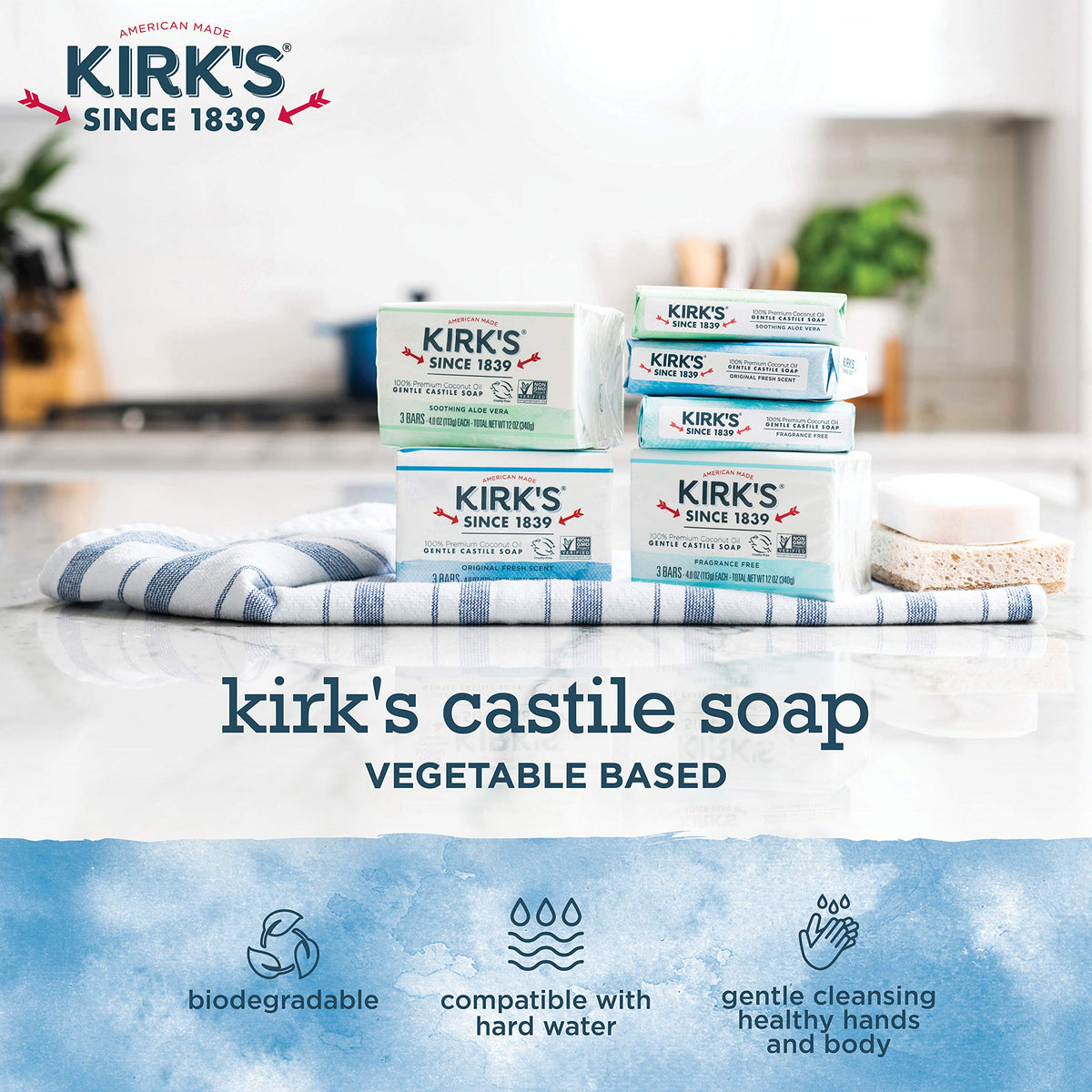 Kirk's bar in hand creating lather, illustrating easy grip and efficient cleansing during use