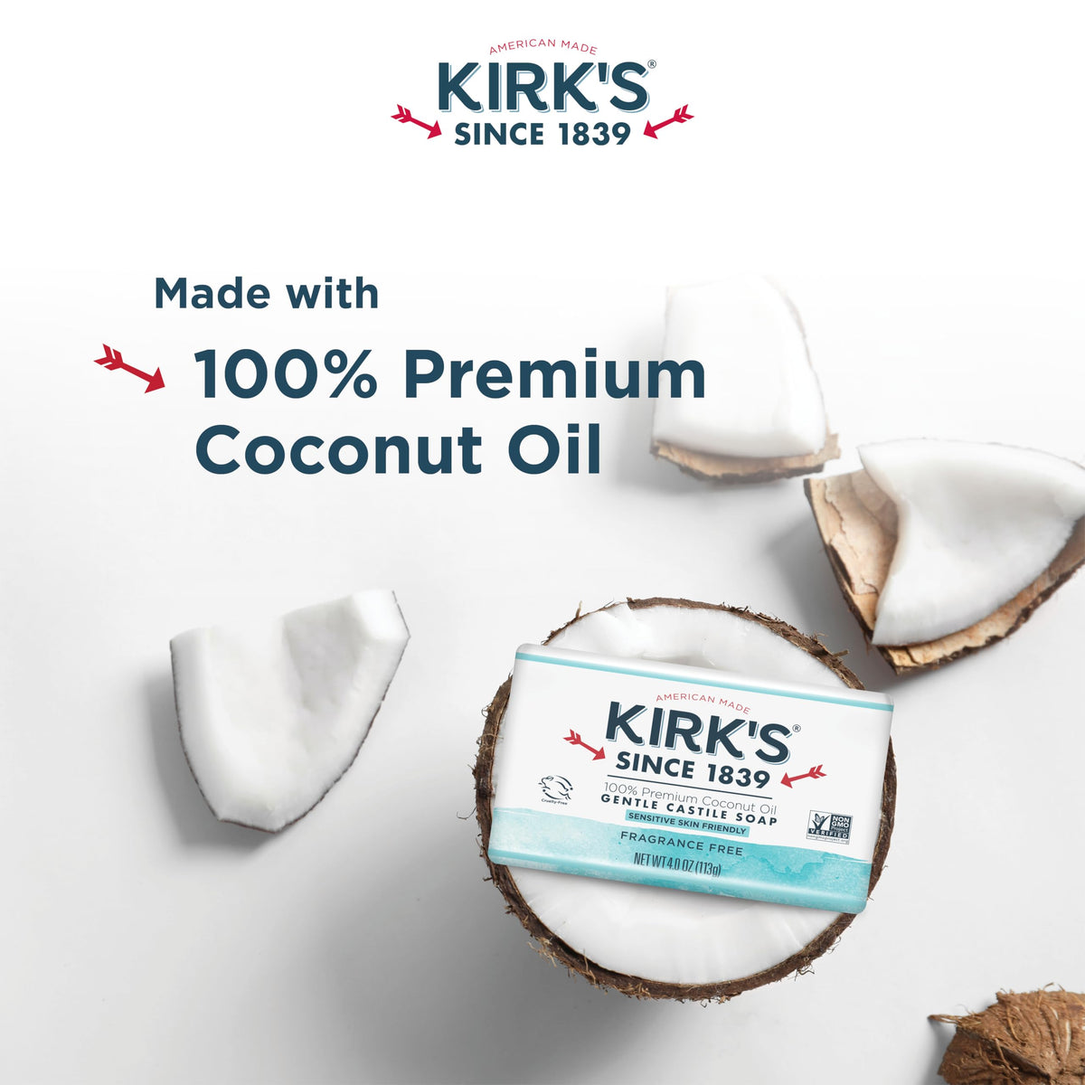 Kirk's close-up of bar texture highlighting firm coconut-based lather benefit