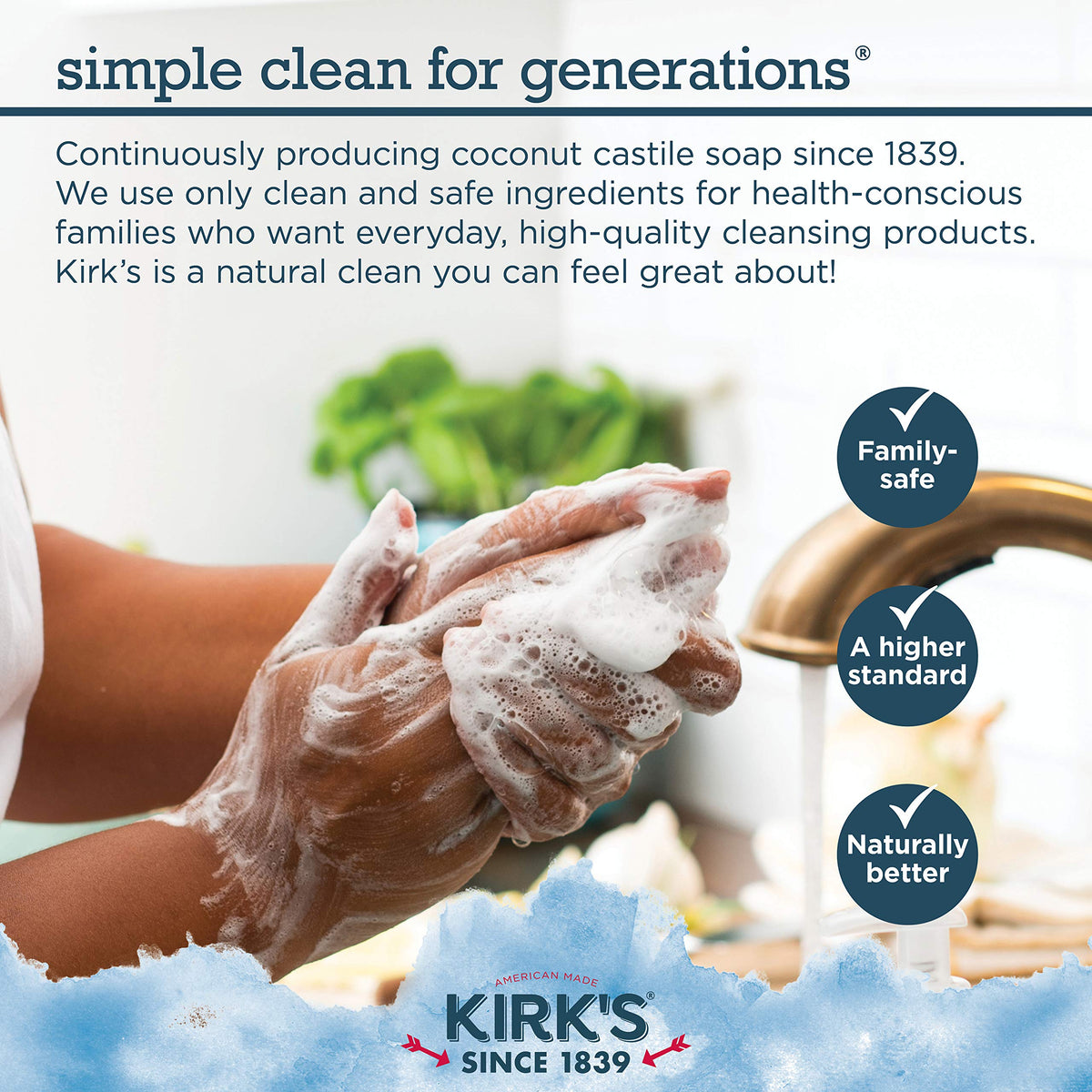 Kirk's soap placed in a bathroom setting to show lifestyle use and subtle fresh scent appeal