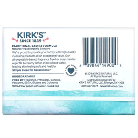 Close-up of a single Kirk's Castile bar highlighting smooth texture and gentle feel