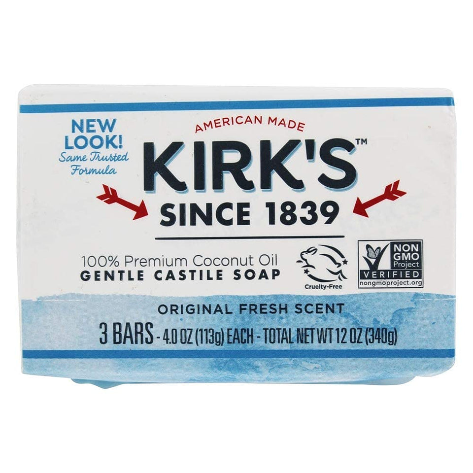 Kirk's front packaging of Coco Castile bar showing natural ingredients and gentle cleansing
