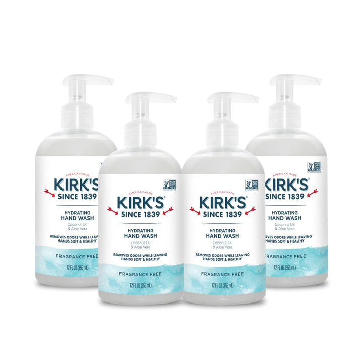 Kirk's front packaging 12oz pump shows clear label and pump for easy handling