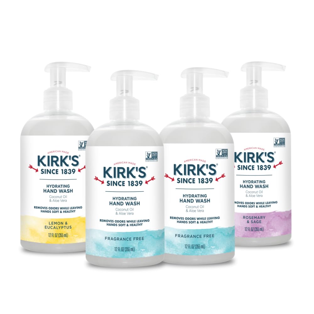 Kirk's front packaging 4-pack showing convenient pump bottles and value