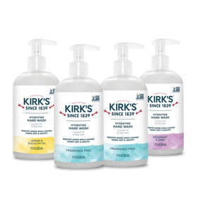 Kirk's front packaging 4-pack showing convenient pump bottles and value