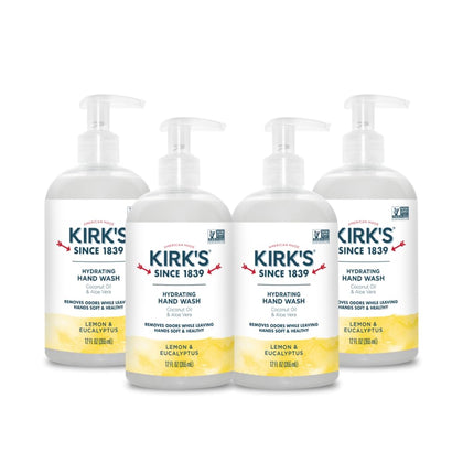 Kirk's front packaging showing lemon and eucalyptus scent and benefits