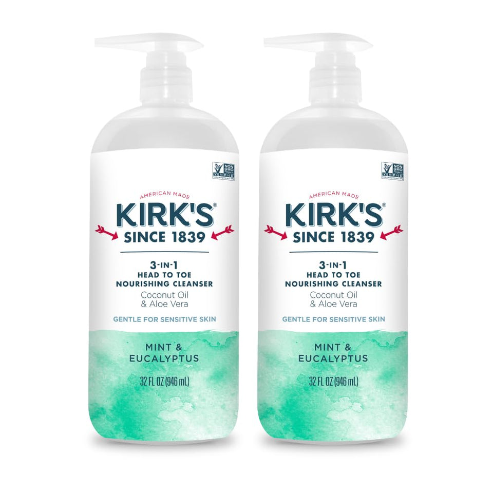 Kirk's front packaging showing mint eucalyptus scent and clear benefit