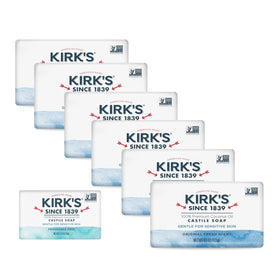 Kirk's front packaging showing six 4 oz bars and travel bar for dependable daily use