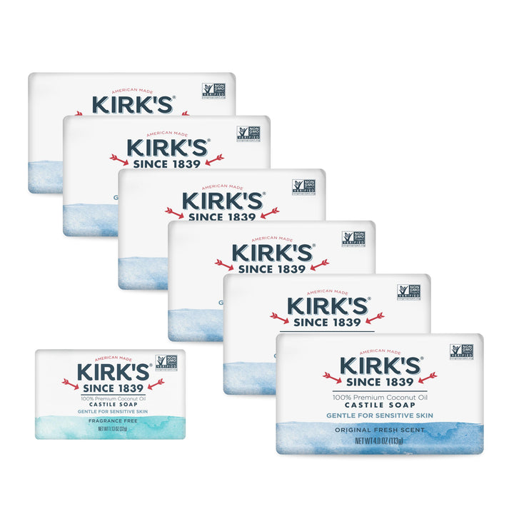 Kirk's front packaging showing six 4 oz bars and travel bar for dependable daily use