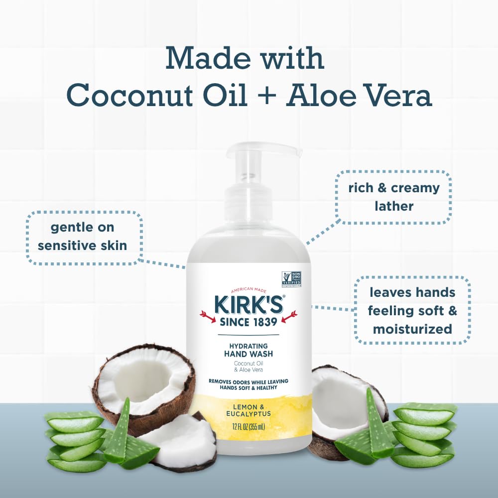 Kirk's ingredient display with coconut oil and aloe vera for gentle hydration