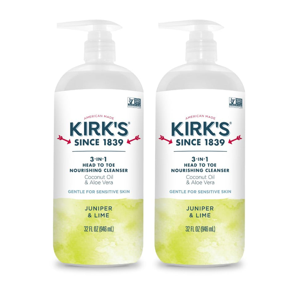 Kirk's front pump bottle showing product and size for easy selection