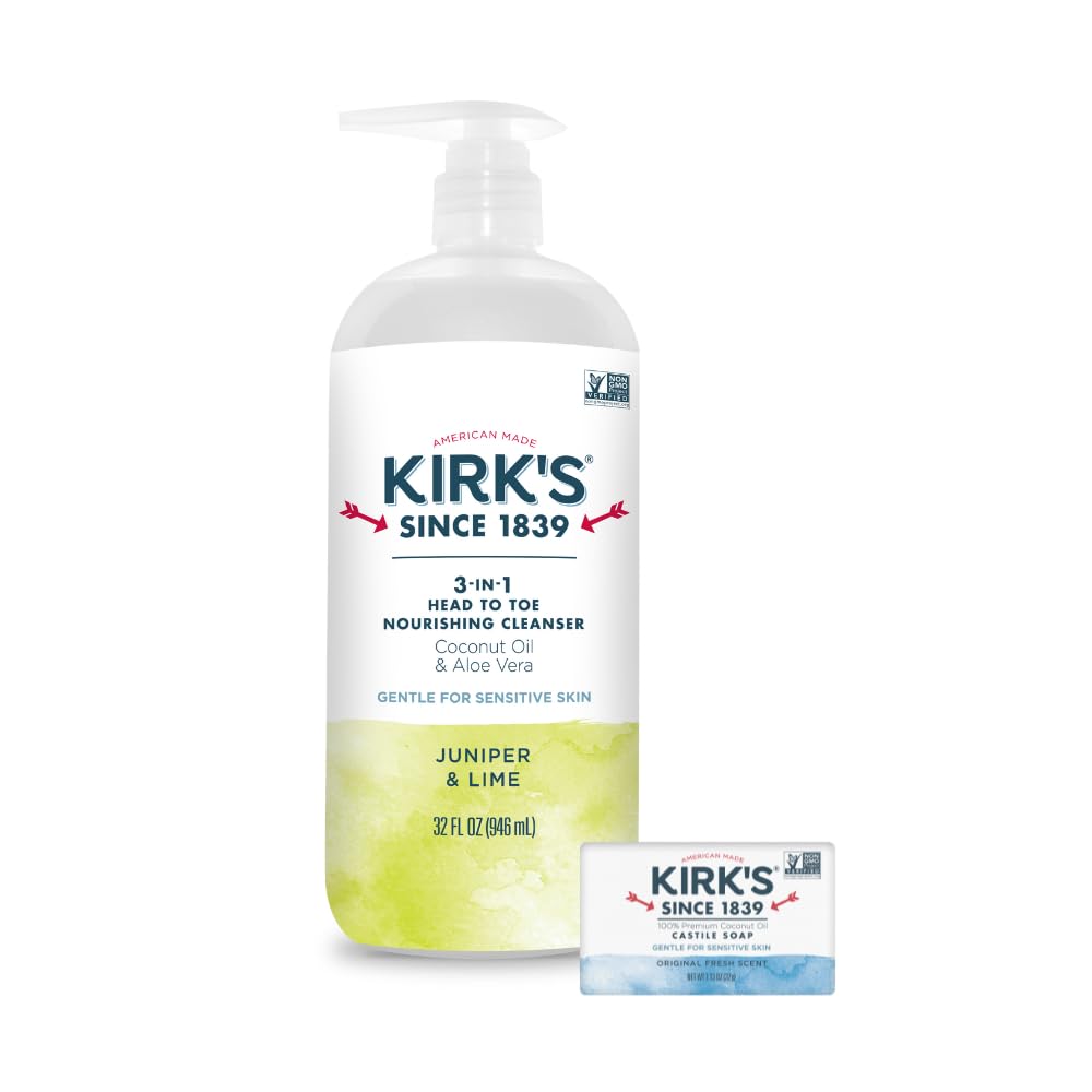 Kirk's front pump bottle showing Juniper & Lime label and size benefit