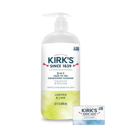 Kirk's front pump bottle showing Juniper & Lime label and size benefit