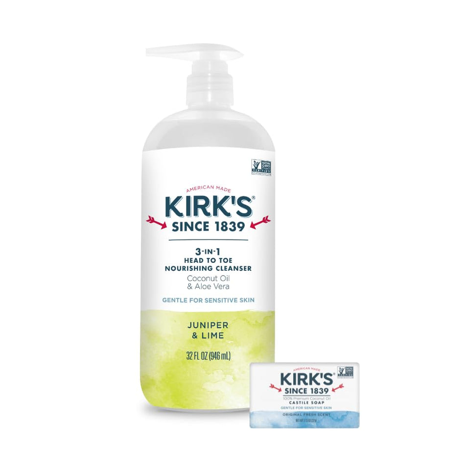 Kirk's front pump bottle showing Juniper & Lime label and size benefit