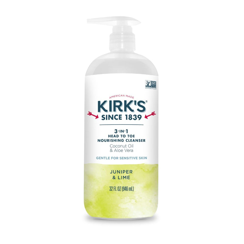 Kirk's front pump bottle showing 32 oz size and easy dispensing benefit