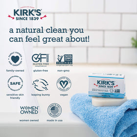 Kirk's product label showing ingredients and features, communicating hypoallergenic and biodegradable benefits