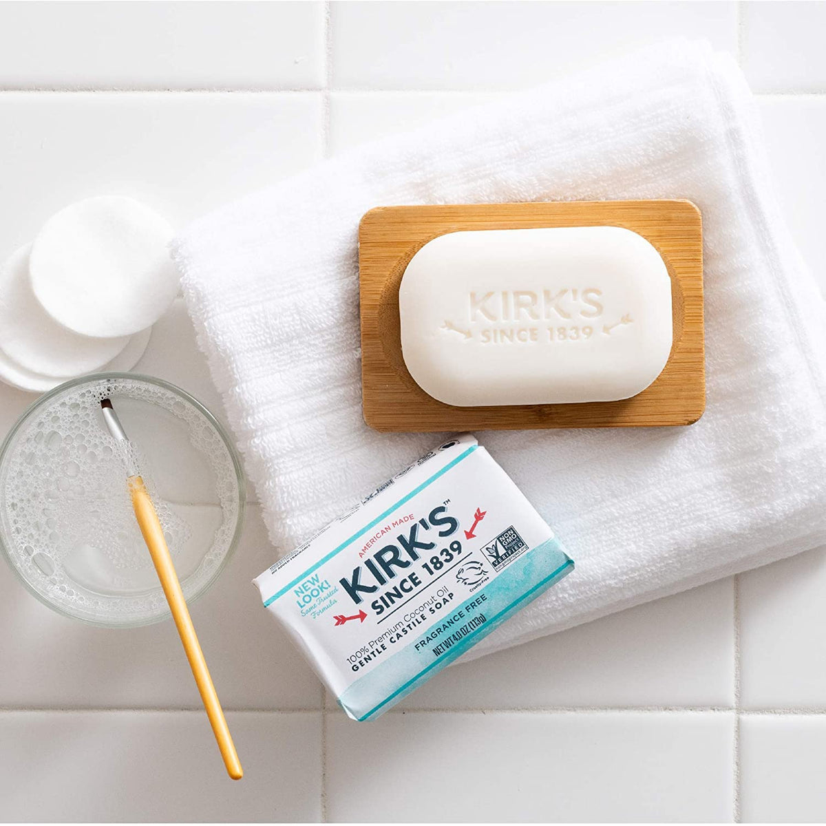 Kirk's soap displayed in bathroom lifestyle promoting simplicity
