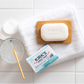 Kirk's soap displayed in bathroom lifestyle promoting simplicity