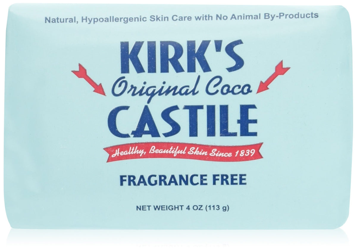 Kirk's pack front showing five fragrance-free bars, clear labeling and simple benefits