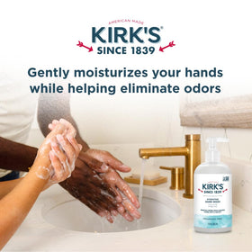 Kirk's pump dispensing soap into hand illustrating controlled, no-waste use