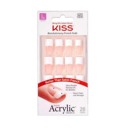 KISS front packaging showing 28-count salon acrylic French nails and easy application