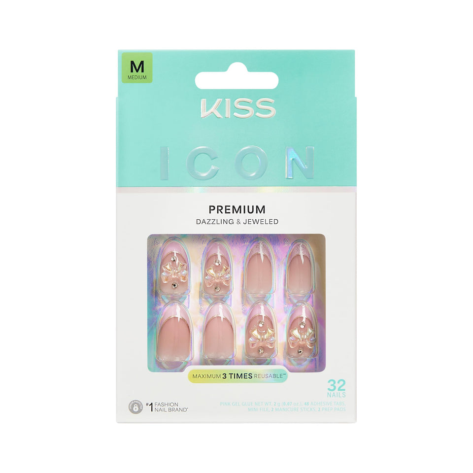 KISS front packaging showing vibrant pink almond nails and included kit benefit