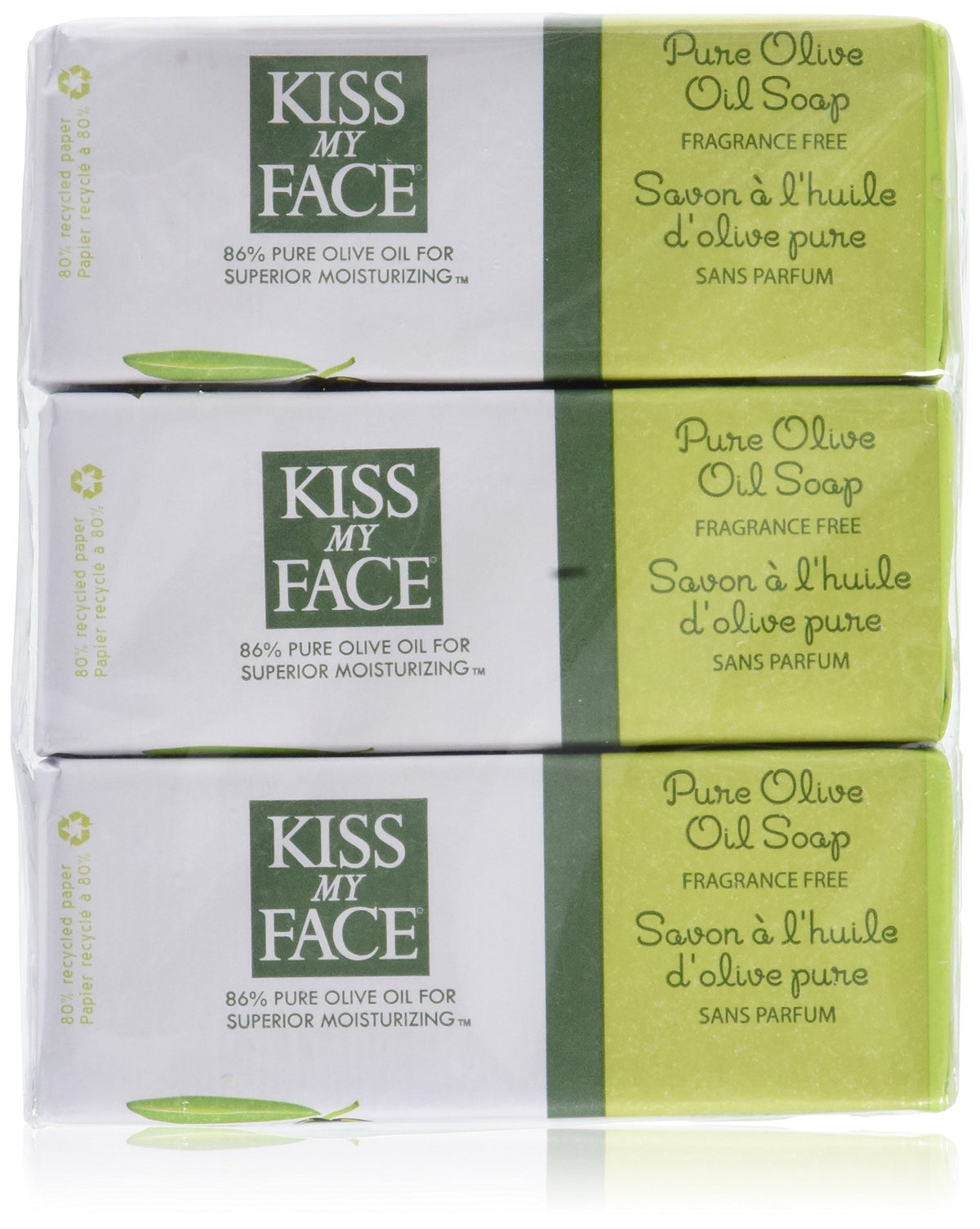 Kiss My Face front packaging showing six 8 oz bars and ingredient focus for natural cleansing