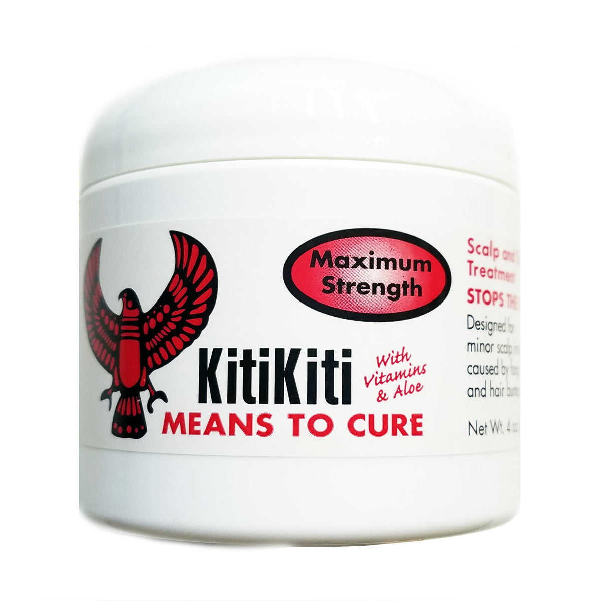 Kitikiti jar front view showing label and compact 4 oz size, clear application benefit