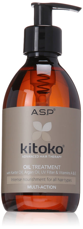 Kitoko oil 9.8oz front bottle showing label and pump for easy dosing