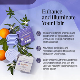 Kitsch stacked shampoo and conditioner bars illustrating compact, plastic-free packaging benefit