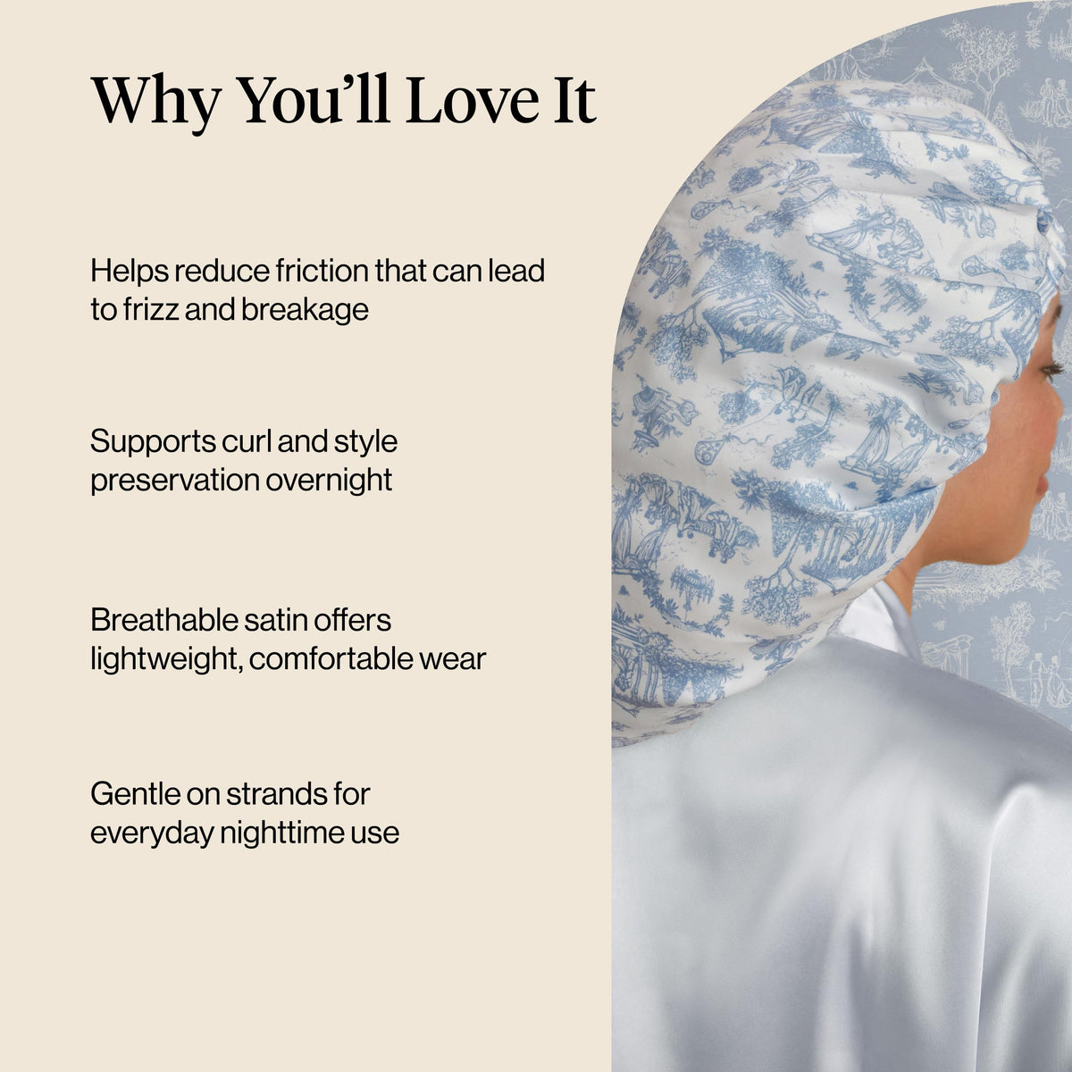 Kitsch bonnet on model sleeping showing preserved curls and comfortable night coverage