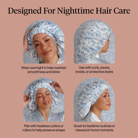 Kitsch bonnet containing heatless curlers demonstrating overnight curl preservation without heat