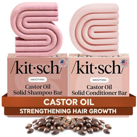 Kitsch front packaging of castor oil shampoo and conditioner bars showing eco benefits