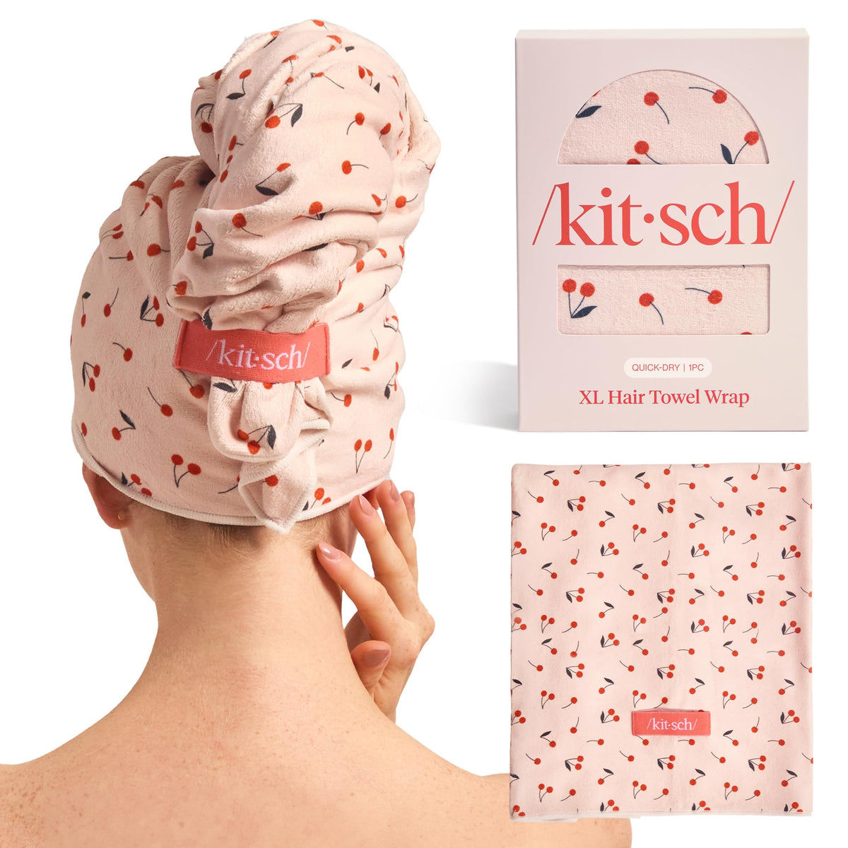 Kitsch cherry print front view showing full towel and vibrant pattern benefit