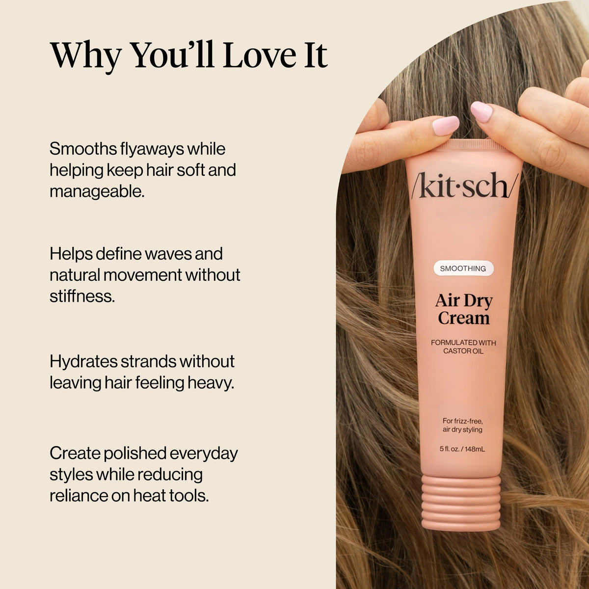 Kitsch cream dispensed on hand demonstrating spreadability and quick absorption benefit