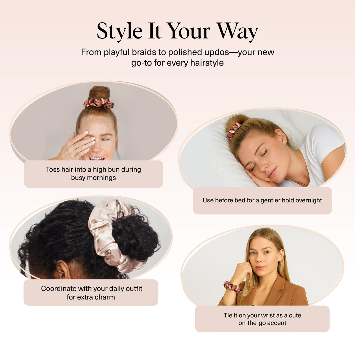 Kitsch scrunchie holding ponytail demonstrating strong gentle grip