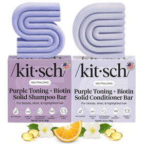 Kitsch front packaging of the purple shampoo and conditioner bars showing branding and benefit
