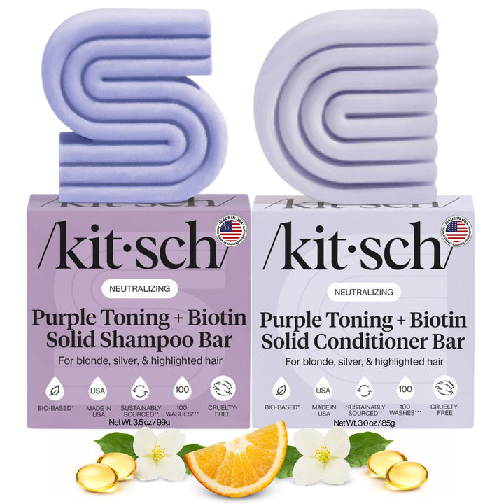 Kitsch front packaging of the purple shampoo and conditioner bars showing branding and benefit