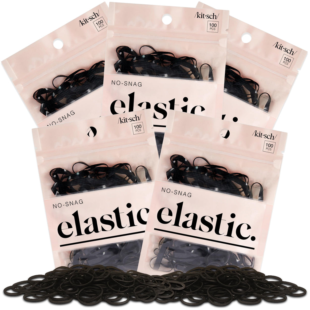 Kitsch front packaging showing 500 black elastics for reliable supply
