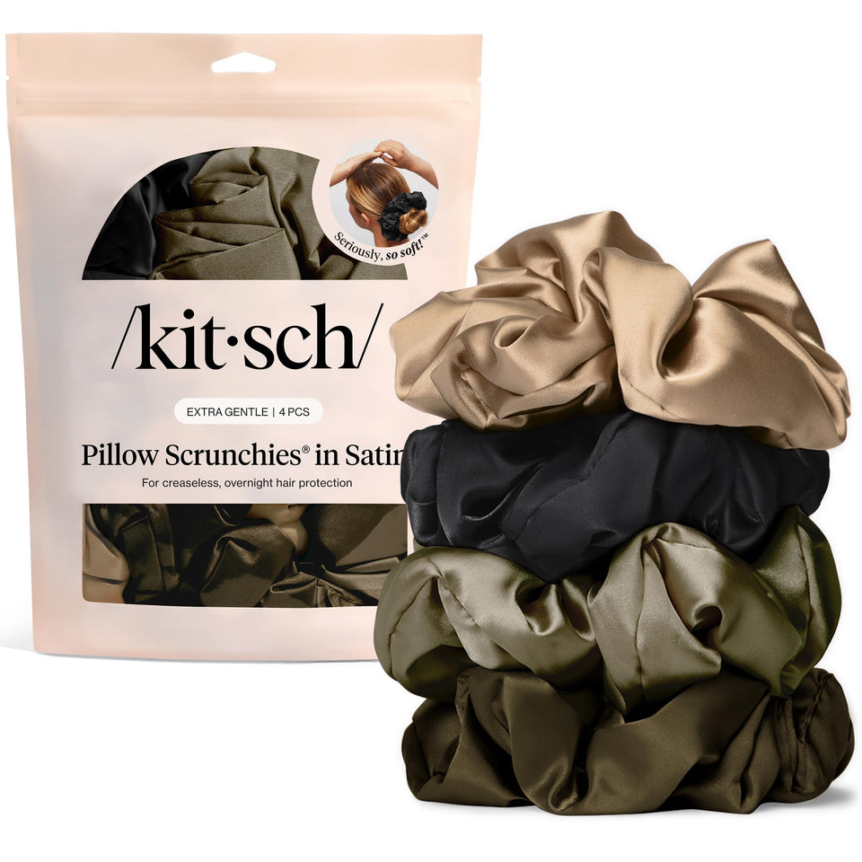 Kitsch front packaging showing four black satin scrunchies and neat styling benefit