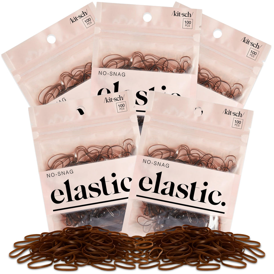 Kitsch front packaging showing brown no-snag hair ties, large supply for styling