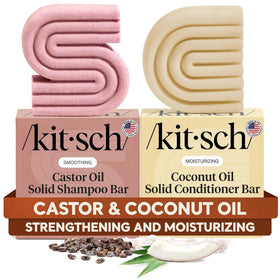 Kitsch front packaging of castor oil shampoo and coconut conditioner set showing eco-friendly design