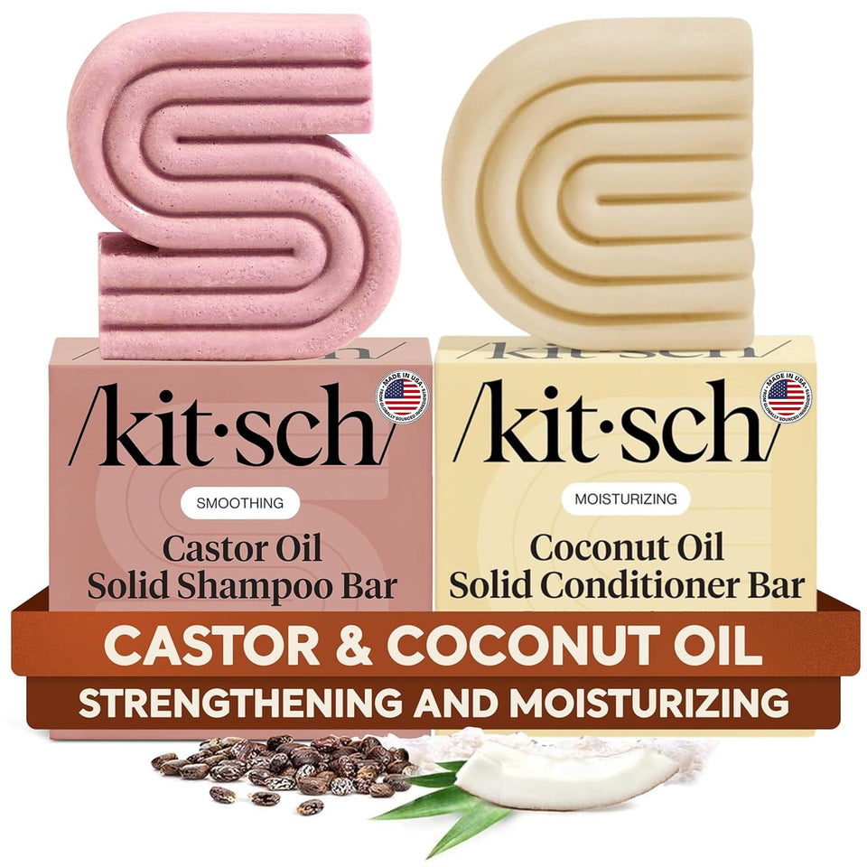 Kitsch front packaging of castor oil shampoo and coconut conditioner set showing eco-friendly design